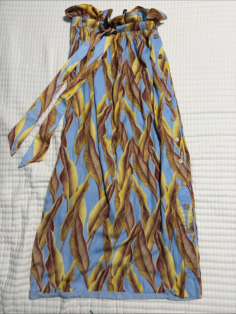 Azulu Blue Tropical Leaf Print Maxi Dress with Tie Waist